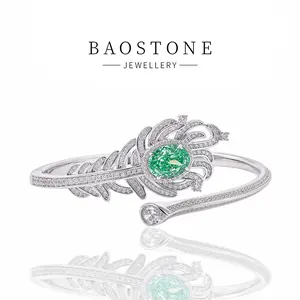 BAOSTONE Padparadscha 925 Silver Bracelet-FEATHER OF THE POETIC DRAGON BRACELET-Lab Created Synthetic Padparadscha 925 Silver Bracelet Plated With Rhodium#S131