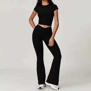 Women's 2 Piece Flared Bottom Workout Outfit - Black Crop Top & Wide Leg Pants for Fitness