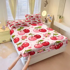 3Pcs Pastel Pink Cherry Blossom Fitted Sheet Set, Adorable Cherry and Floral Pattern, Soft and Cozy Fabric for a Cheerful Spring Bedroom, Perfect for Valentine’s Day Decor and Sweet Dreams! Includes 2 Pillowcases, No Pillow Core