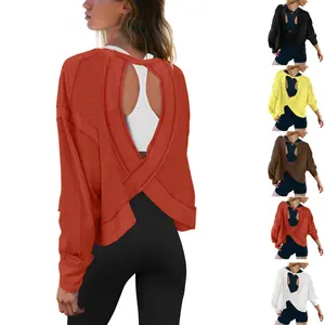 JovenPara Womens Open Back Workout Top Long Sleeve Athletic Shirts Casual Crop Running Tee Y2k Yoga