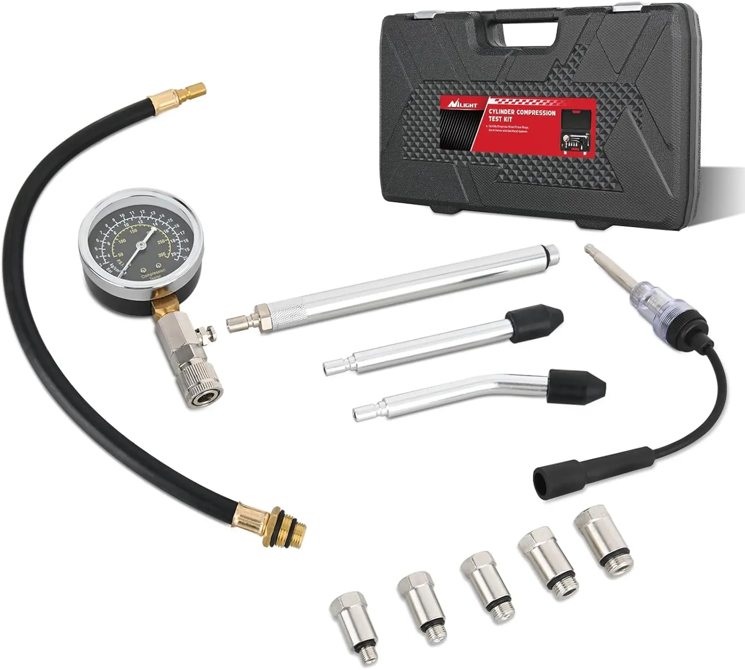 Nilight 11-PCS Automotive Engine Compression Tester Kit, Cylinder Pressure Gauge Diagnostic Tool with Spark Plug Tester for Gasoline Engines, Includes Tire Inflator Pump