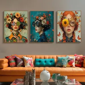 Full Set 3pcs Nordic Boho Fashion Glasses Woman with Flowers Wall Art Canvas Painting Butterfly Girl Portrait Poster Prints Mural Picture