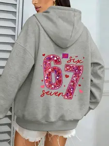 Heart Sequin Digital Print Hoodie, Sweet Cool Girl Style, Fall & Winter Fashion, Casual Fitted Graphic Sweatshirt, Trendy