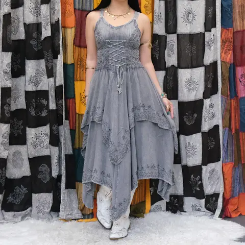 Women's Casual Adjustable Lace Viscose Bohemian Pattern Casual Dress - Embroidered Lightweight Corset Maxi Dress for Ren Faire Fantasy Festival Outfits