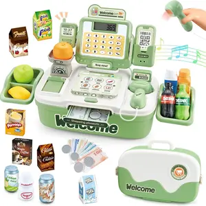 Toy Store Cash Register Role Play with Scanner, Sound and Light, Pretend Money and Food, Educational Kids Toy