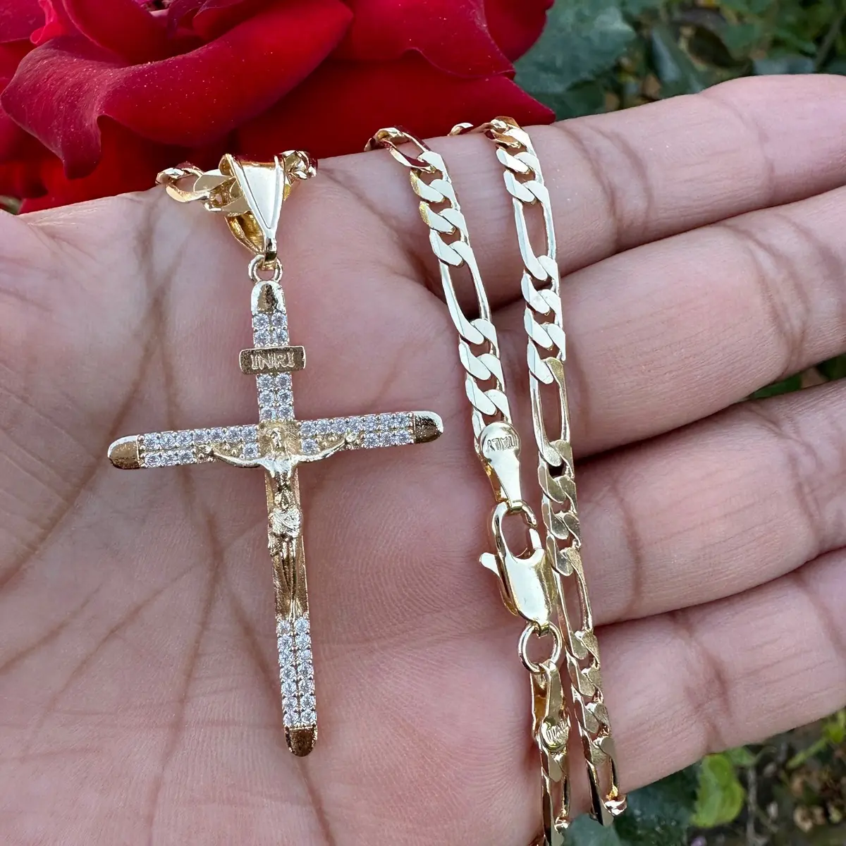 Cross Necklace with Figaro Chain Cross Necklace with Figaro Chain