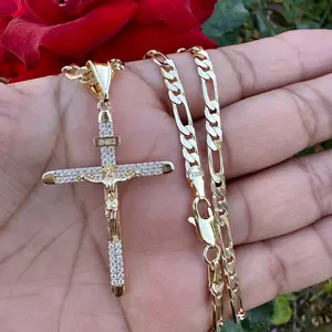 Cross Necklace with Figaro Chain