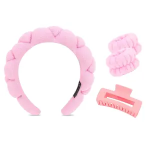 Set - Makeup Headband & Wrist Towels, 4 inch Hair Claw Clip, Cute  Puffy Sponge Bubble Headband