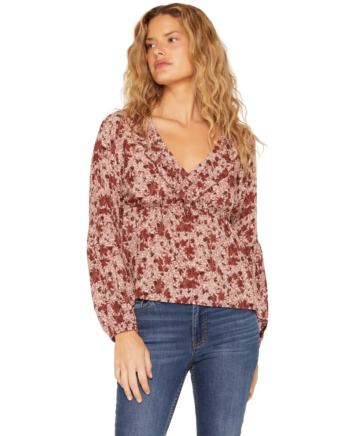 Wild Moss Women's Women'S Floral Print Ruffle Long Sleeve Top - Ima6340-W2123-Burg