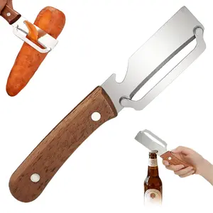 2-in-1 Fruit & Veggie Peeler with Bottle Opener, Sharp Stainless Steel Blade, Wooden Handle, Ergonomic Non-Slip Design for Comfortable Grip
