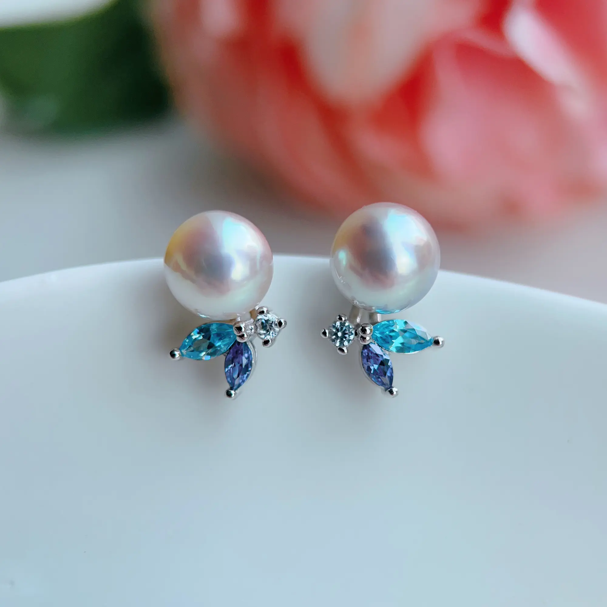 Piswency Genuine Akoya Pearl Stud Earrings, Round Saltwater Pearls Pink and Blue Luster, 925 Sterling Silver Zirconia Studs, Handmade Jewelry Gift for Her