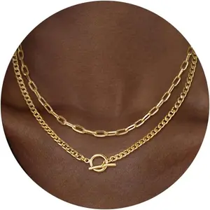 Gold Layered Necklace for Women K Gold Plated Necklace Women Cuban Link Paperclip Chain Toggle Clasp Necklace Jewelry for Women silver letter a-z stack