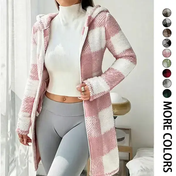 Women’s plaid sherpa fleece hooded coat, long sleeves, zip-up warm fuzzy teddy jacket, mid-length casual winter outerwear with pockets