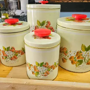 Vintage Strawberry Floral Design Nesting Tin Canisters 4 piece set