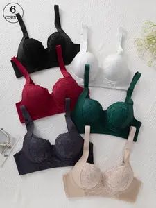 6 pcs Ladies' Underwear Bra Feminine Lace Trim Underwired Unlined Push-Up Daily Wear Skin-Friendly Breathable Comfort Fit Adjustable Hook-and-Eye Fastening Straps Suitable for All Seasons