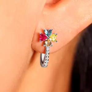 Sterling Silver Upside Down Huggie Mutli Color Templar Cross or 4 Petals with Gemstones and CZs, Made In Italy