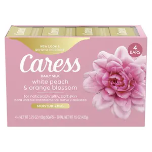 Caress Daily Silk Bar Soap for Women 3.75 Oz 4 Ct White Peach & Orange Blossom Scent Moisturizing Cleanser Cleansing