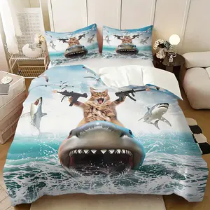 3Pcs Funny Cat Shark Duvet Cover Set, 1 Duvet Cover + 1/2 Pillowcases, 3D Cartoon Cat Riding Shark Bedding for Kids, Soft Microfiber Novelty Ocean Animal Bed Set, Bedding Sets, Perfect Gift for Cat Lovers & Meme Fans