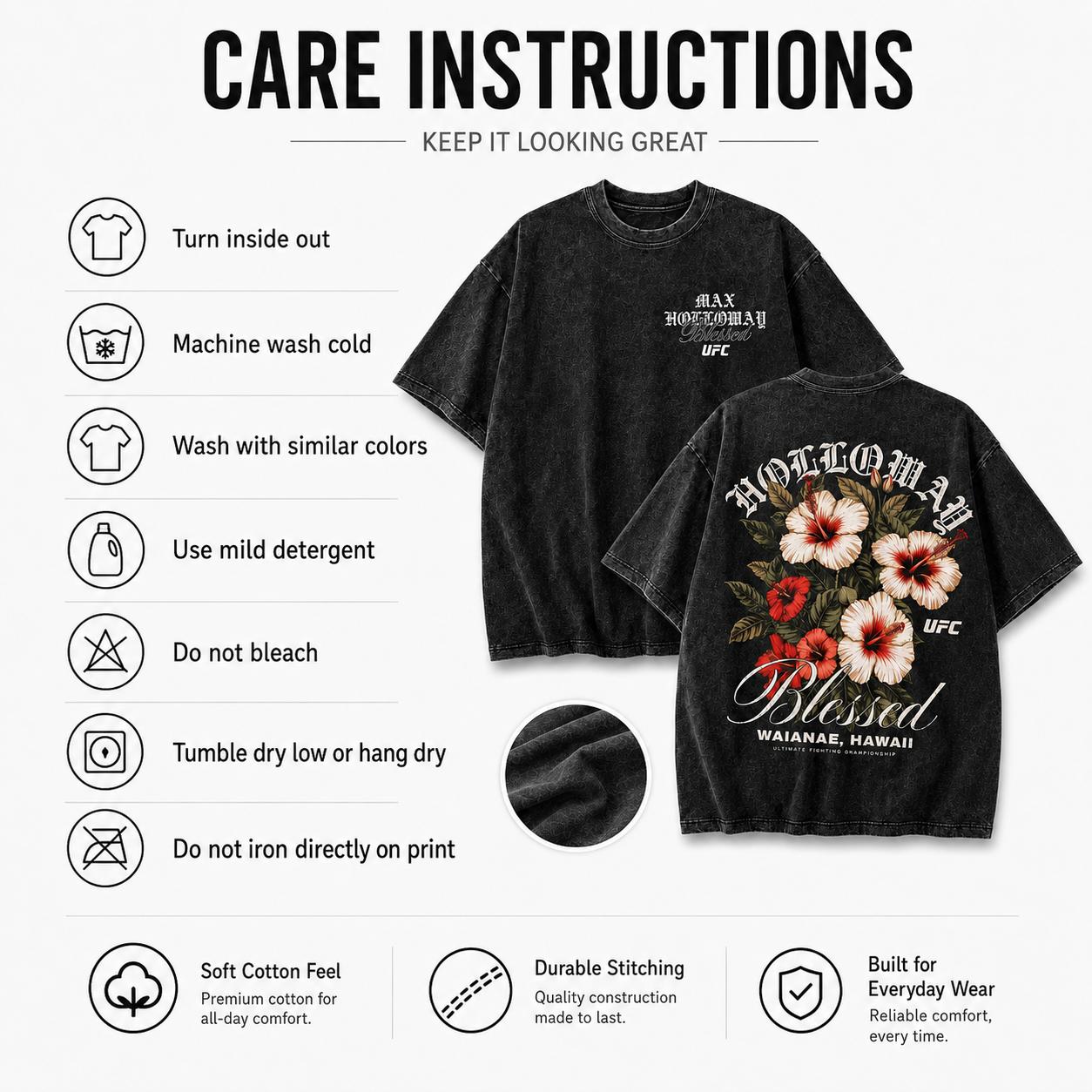 Men's Max Holloway Blessed Double-Sided Graphic Casual Short-Sleeve T-Shirt, UFC Hawaiian Floral MMA Fan Vintage Washed Menswear Top