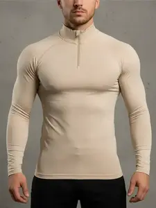 Men's Solid Long Sleeve Compression Tee, Athletic Compression Shirts, Casual Comfy Breathable T-shirt for Spring & Fall, Men's Top for Gym Workout Running