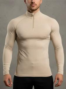 men's solid long sleeve compression tee, casual comfy breathable t-shirt for spring & fall, men's top for gym workout running