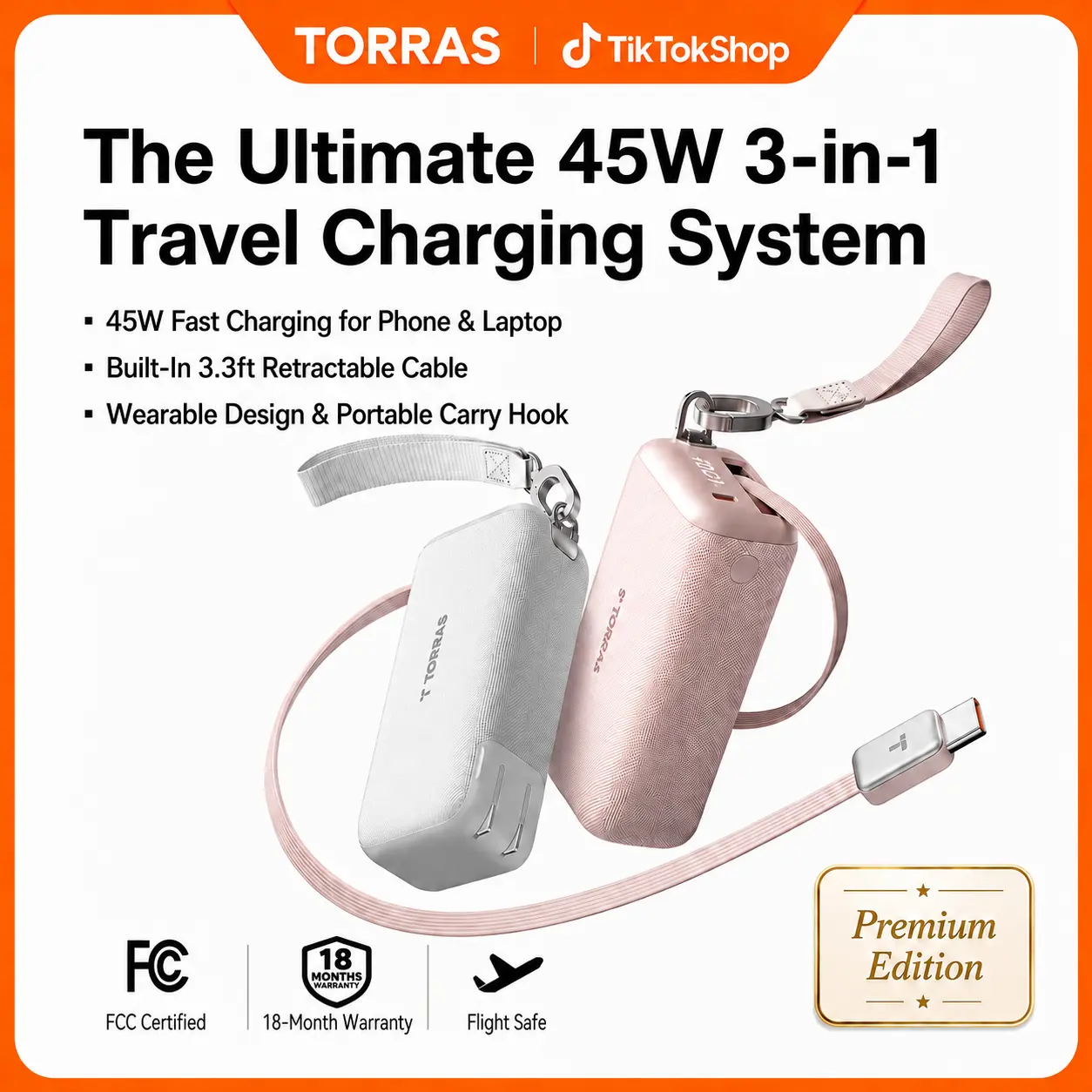 TORRAS PowerGo ALL IN ONE GaN Charger PowerBank Fast Charging Portable Battery with 3.3ft Retractable Cable Travel Hook for All Device, Digital summerwins Travel Essentials Work & Office Convenience Cargador Portátil para Viaje batería externa B
