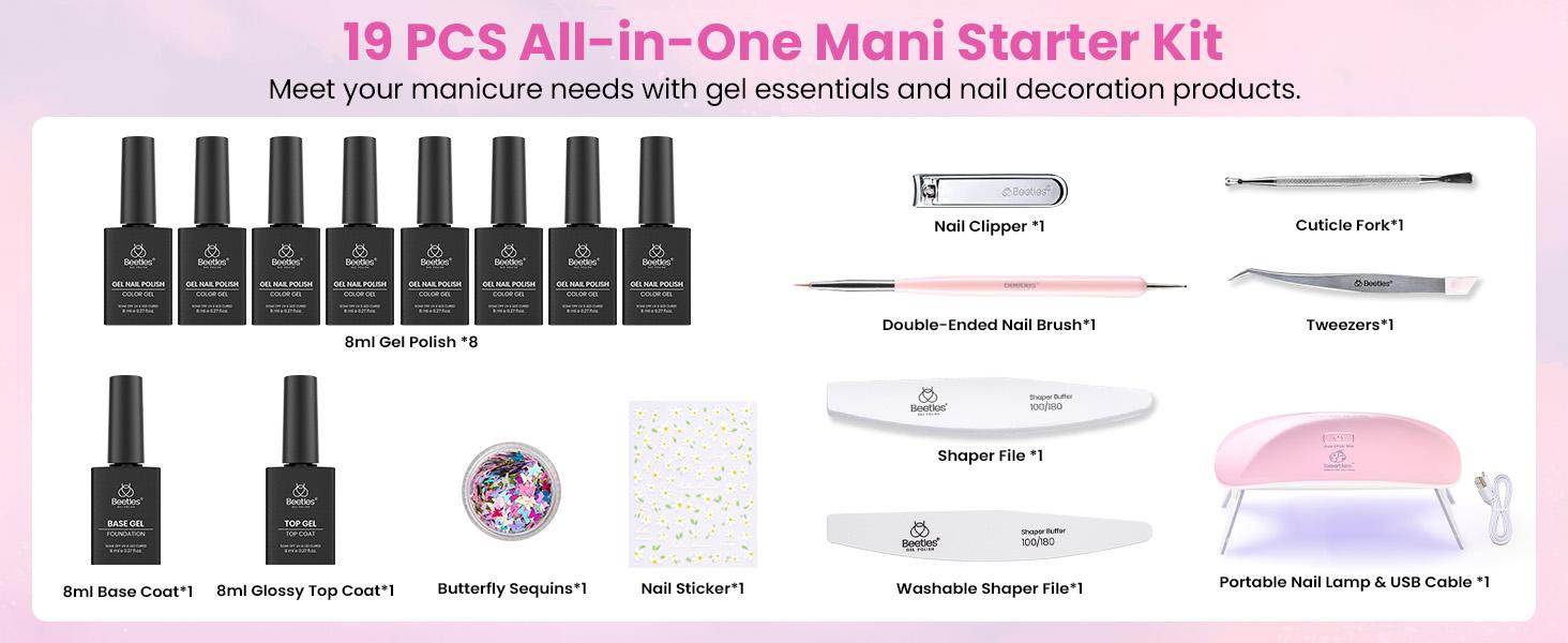 Beetles Gel Nail Polish Kit with U V Light: 19 Pcs Spring Garden Party Pastel 8 Colors Soak Off Gel Nail Set with Base and Top Coat, Sticker accessories All in One Manicure Party Favors