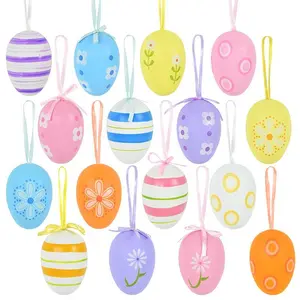 12pcs Plastic Easter Eggs Rabbit Chick Painted Hanging Pendant DIY Crafts for Easter Party Home Decoration Supplies Kids Gifts