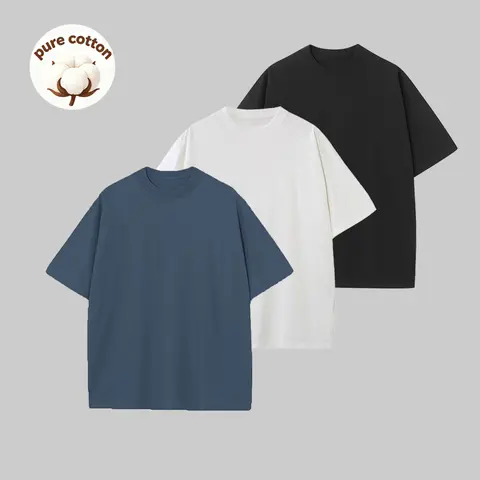Men's 3-Pack 230GSM Heavyweight 100% Cotton Oversized Loose Crew Neck Short-Sleeve Vintage Plant-Dyed T-Shirts - Menswear Basic Tee, Fade-Resistant, Moisture-Wicking, Practical Baggy Casual Streetwear Tops, Christmas Gift for Work/Errands