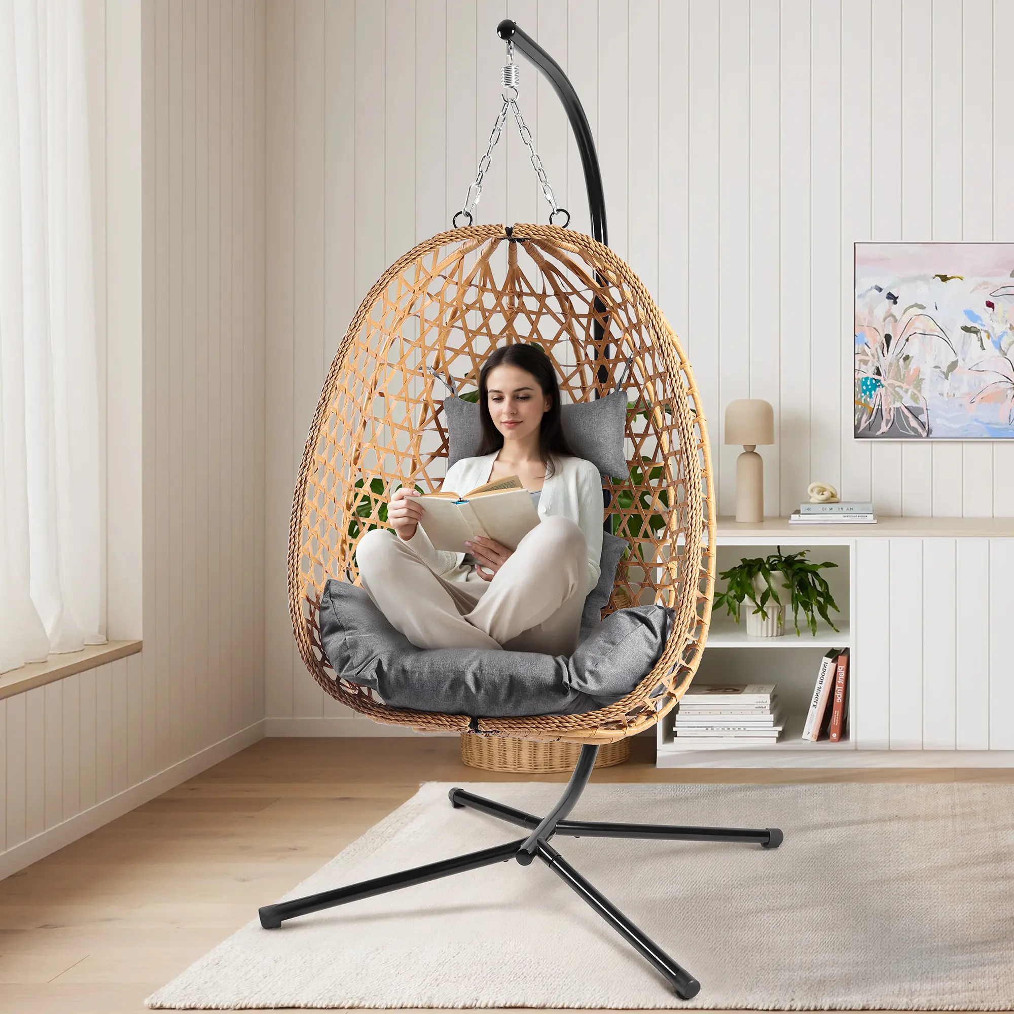 Summervibes LHBcraft Wicker Rattan Hanging Egg Chair with Stand, 350lbs Weight Capacity, Hanging Basket Chair with Strong Frame, Porch Swing Chair, Indoor & Outdoor Use Hammock,