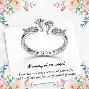 925 Sterling Silver Mommy of an Angel Baby Feet Wings Ring for Womenwith Meaningful Card,Engraved Memorial Pregnancy Loss Ring, Sympathy Gift for Miscarriage, Infant Loss, Grieving Mom, Adjustable Stackable Comfort Fit Jewelry