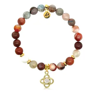 Gold Charm Collection - Sakura Agate Gemstone Bracelet with Stronger Together Gold Charm