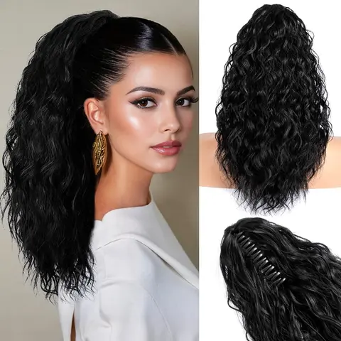 Women's 18" Synthetic Wavy Claw Clip Ponytail Extension - Pre-Styled, Casual Clip-In Curly Drawstring Hair Piece with Strong Hold, Fluffy Natural Look, Bounce & Volume for Daily Use, Clip-In Curly Synthetic Extensions & Pieces, Drawstring Ponytail Synthet
