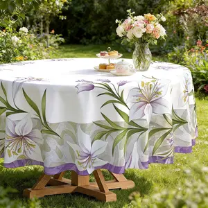 Elegant Feng Shui Lily Print Round Tablecloth, Kitchen Restaurant Decor, Furniture Protector, Party Gift, Hotel Home Use