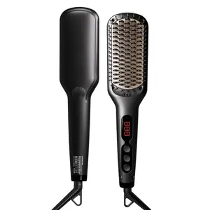 Ceramic Ionic Hair Straightener Brush for Home Salon | MCH Fast 20s Heating Tech with Auto-Off Safety | Anti-Scald with Universal Dual Voltage | Rotatable Power Cord (Black)