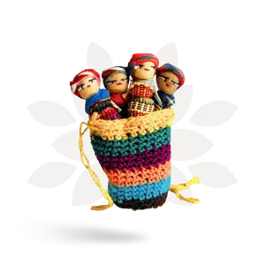 Worry Doll Crochet Pouch with Four 2" Tall Dolls - Handmade in Guatemala, Fair Trade Craftsmanship, Brightly Crocheted Bag