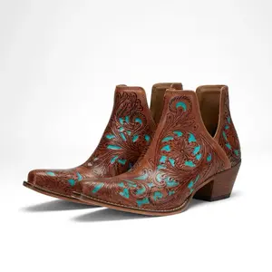 Loyal West X Myra Handtooled Booties In Turquoise Calfskin