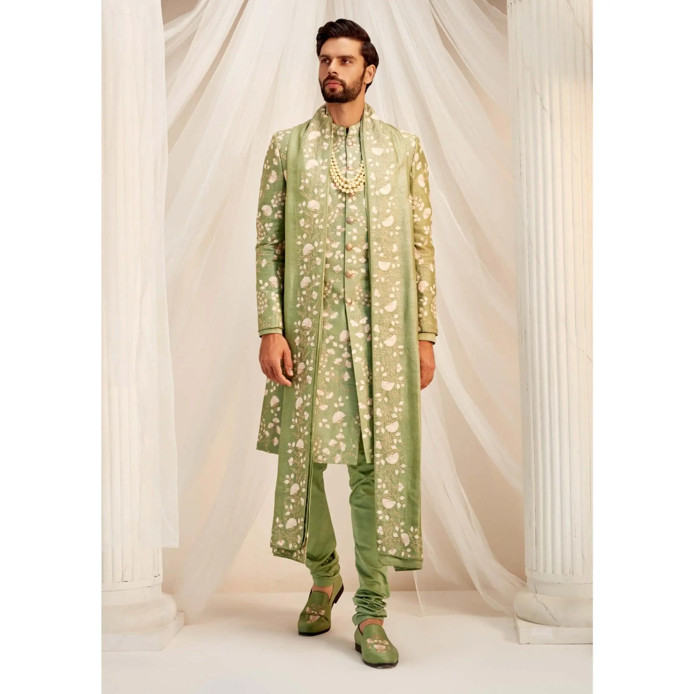 Jade green resham sherwani set