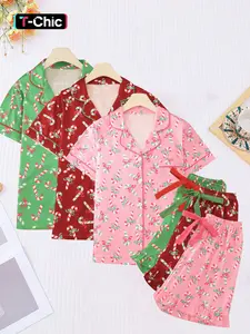 6-piece combination women's Christmas short sleeved shorts pajamas pink cane candy printed knotted pajamas set