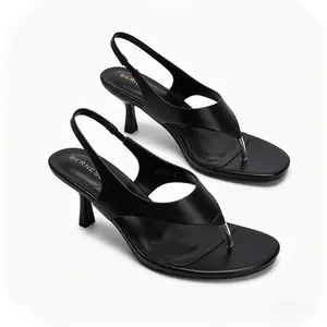 BERNESS Freddy Kitten Heel Slingback Sandals for Women – Summer Slip-On Faux Leather Flip Flops Comfortable Walking Shoes Black PU Design