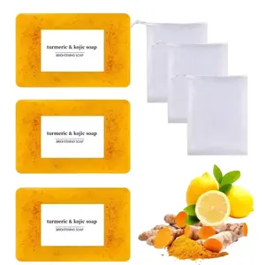 Lemon Turmeric & Kojic Acid Soap Bar, Face & Body Wash, Dark Spot Reducer, Daily Skin Cleanser Sets for Acne-prone Skin, Moisturizing Gentle Kojic Acid Soap Bar Set with Soap Saver Bags Facial Cleansing Facial Wash Skin Repair Skincare
