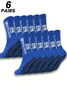 6 Pairs of Men's Mid-Calf Soccer Socks Black & White FS Letter Color Blocking + Silicone Grip Sole Mesh Ventilation Zones Moisture-Wicking & Quick-Dry Hardcore Athletic Style Game-Ready Performance