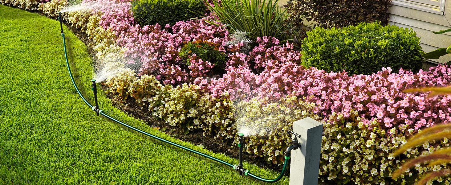 RESTMO Flexible Sprinkler System with Metal Spike Base, Above Ground DIY Irrigation Kit, Multi-Adjustable Lawn Sprinkler Set, Ideal for Plant and Flower Bed Watering, 30ft Garden Hose Included RESTMO Flexible Sprinkler System with Metal Spike Base, Above Ground DIY Irrigation Kit, Multi-Adjustable Lawn Sprinkler Set, Ideal for Plant and Flower Bed Watering, 30ft Garden Hose Included
