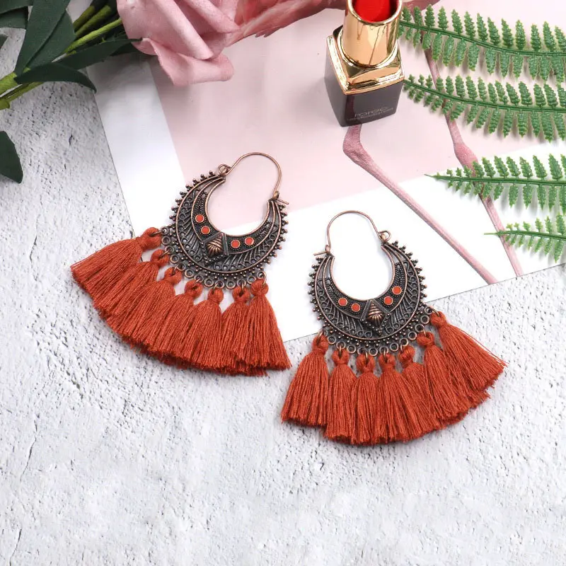 Boho Fabric Tassel Drop Statement Earrings