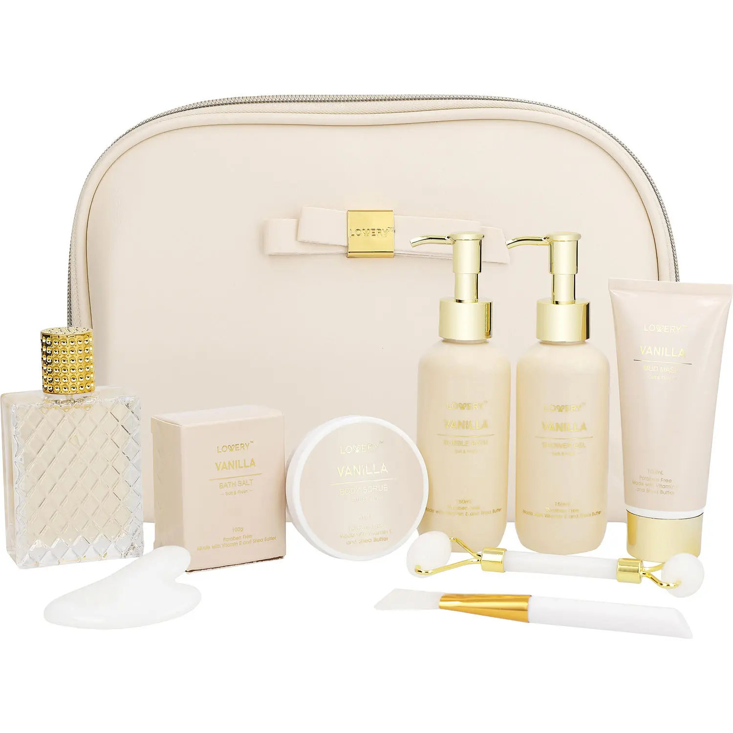 Lovery Vanilla Eau De Parfum Spray 2.5 Oz & Bubble Bath 5 Oz & Shower Gel 5 Ox & Body Scrub 2 Oz & Bath Salt 3.5 Oz & Mud Mask 3.38 & Face Brush & Face Roller & Gua Sha Stone & Bag For Unisex