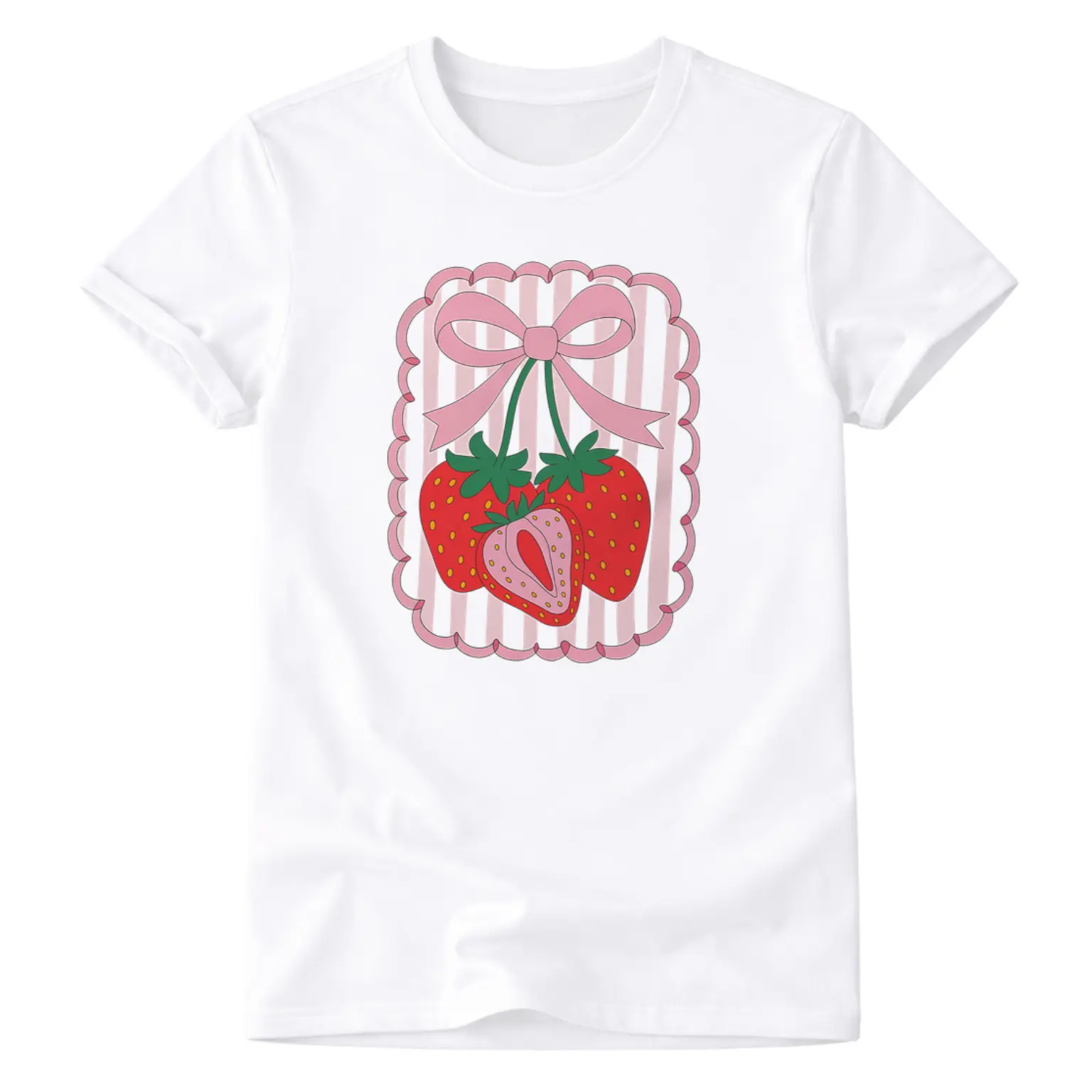 Women's Strawberry Print T-Shirt with Pink Bow & Striped Short Sleeve Top - Lightweight Breathable Round Neck Blouse-Compatible Tee for Spring Summer Casual Wear, Strawberry Shirt Gift Suitable for, Machine Washable