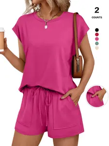 Womens Crew Neck Two Piece Short Sets Cap Sleeve Drawstring Adjustable Summer Sweatsuit with Pocket