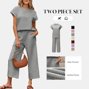 Shewin 2026 Spring/Summer Two Piece Set Outfits Casual Sweatsuits Pullover Tops & Wide Leg Sweatpants Lounge Sets for Women Daily Wear Going Outfits Clothes Shortsleeve Round Neck Batwing Crewneck Women'swear