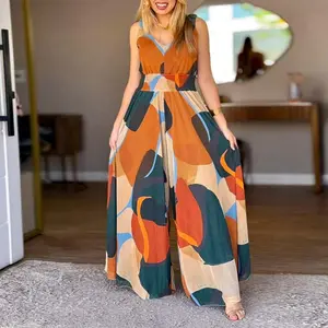 ChicMe Women's Abstract Print V-Neck Stretchy Thick Straps High Waist Backless Overalls Casual Shirred Waist Cinched Waist Wide Leg Jumpsuit