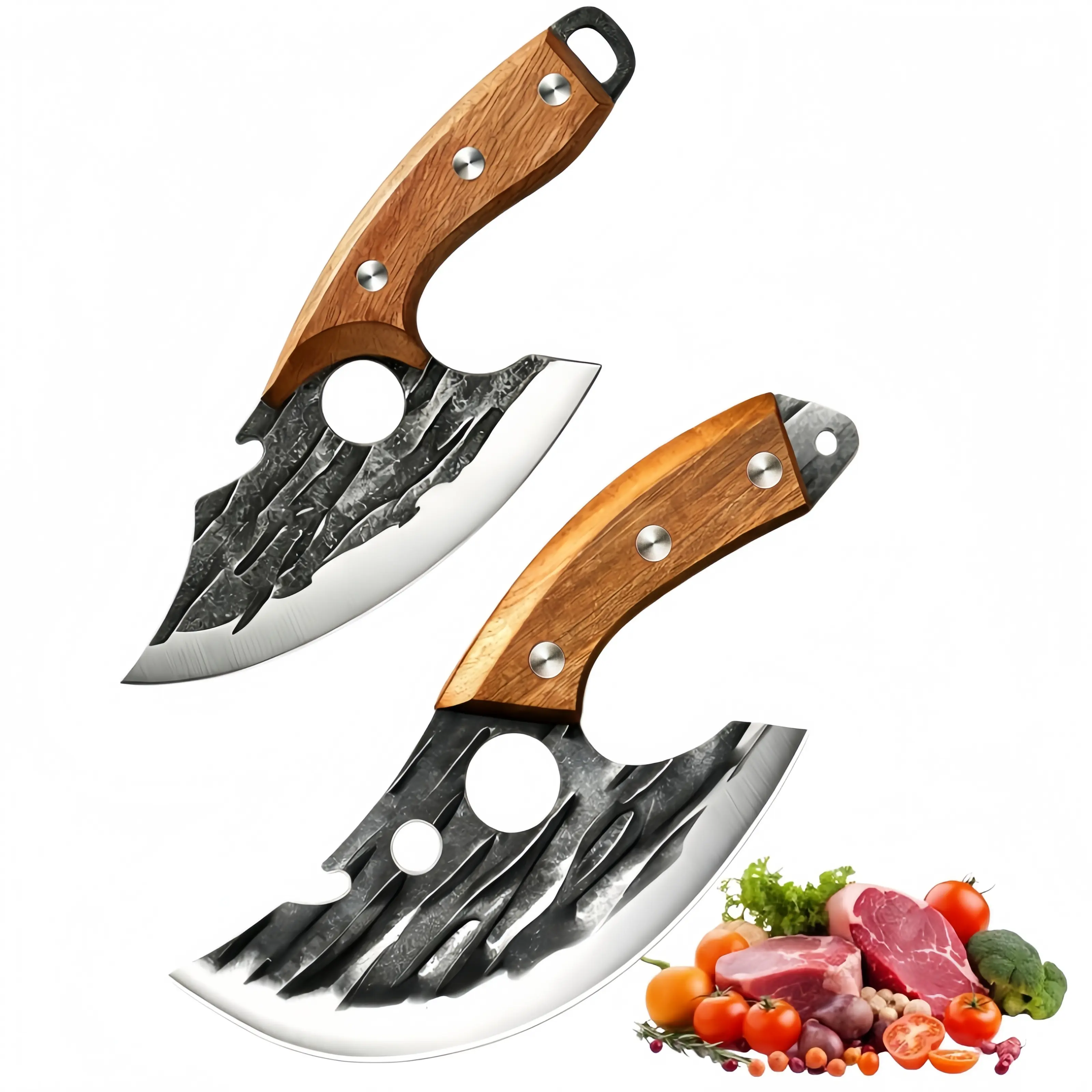 Hand Forged Boning Knife Set | 2pcs Curved Meat Cutting Knives for Kitchen BBQ Camping